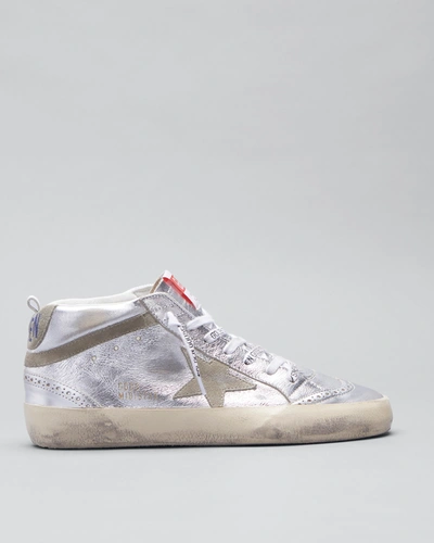 Golden Goose Mid Star Laminated Upper And Spur Suede Star And Wave Sneakers In Silver/taupe