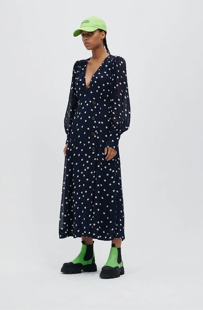 Ganni Wrap-effect Polka-dot Crepe De Chine Midi Dress In Sky Captain |  ModeSens