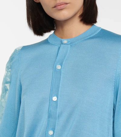Shop Noir Kei Ninomiya Tulle-trimmed Silk Cardigan In Blue