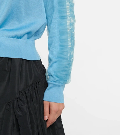 Shop Noir Kei Ninomiya Tulle-trimmed Silk Cardigan In Blue