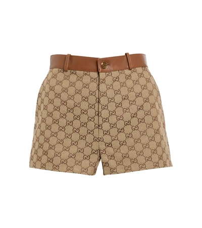 Shop Gucci Gg Supreme Leather-trimmed Shorts In Camel/mix