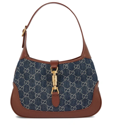 Shop Gucci Jackie 1961 Small Gg Jacquard Denim Shoulder Bag In Blue Tea/cuir Epilog