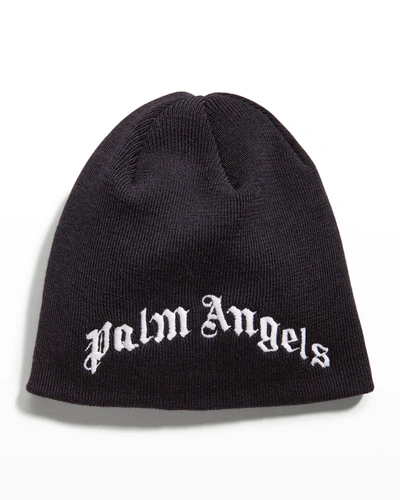 Shop Palm Angels Boy's Classic Logo Beanie, Navy/white In Navy White