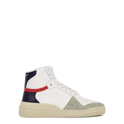 Shop Saint Laurent Sl24 Panelled Leather Hi-top Sneakers In White And Blue