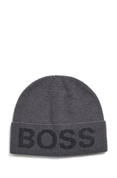 Shop Hugo Boss Cotton Blend Beanie Hat With Logo Structure In Grey