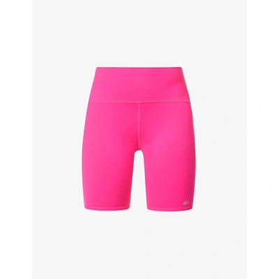 Shop Alo Yoga High-rise Logo-print Stretch-jersey Shorts In Neon Pink