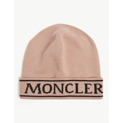 Shop Moncler Logo Knitted Virgin Wool Beanie 8-10 Years In Pink