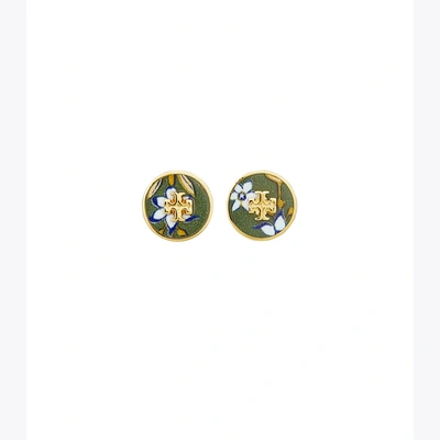 Shop Tory Burch Kira Printed Circle-stud Earring In Tory Gold / Ornate Daffodil Ribbon