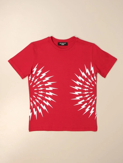 Shop Neil Barrett Tshirt In Cotton With Lightning Print In Red