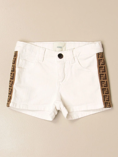 Shop Fendi Denim Shorts With Allover Ff Bands In White