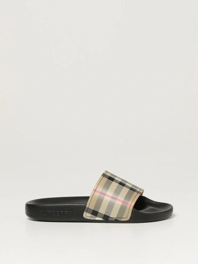 Shop Burberry Sandals With Check Band In Beige