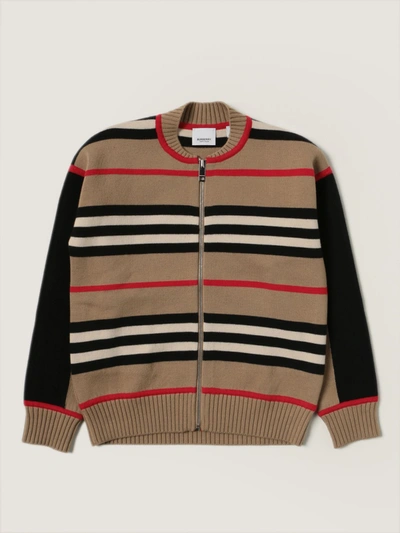 Shop Burberry Cardigan In Wool And Cashmere Blend With Striped Pattern In Beige