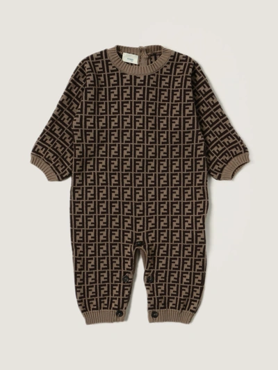 Shop Fendi Long  Jumpsuit In Cotton And Cashmere With Ff Logo In Brown