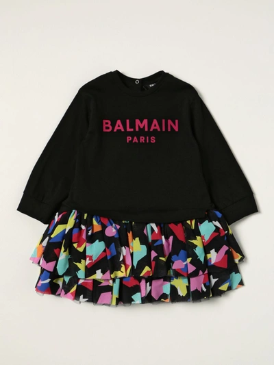 Shop Balmain Cotton Dress With Patterned Skirt In Black