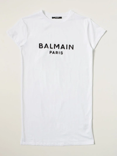 Shop Balmain Cotton T-shirt Dress With Logo In White