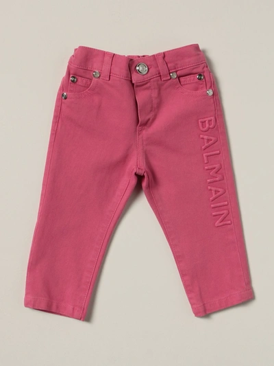 Shop Balmain Skinny Jeans With Embroidered Logo In Fuchsia