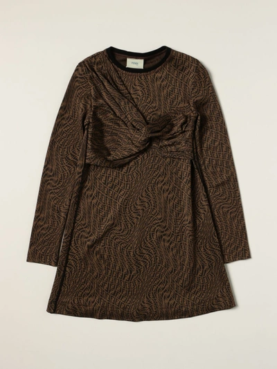 Shop Fendi Viscose Dress With All-over Monogram In Tobacco