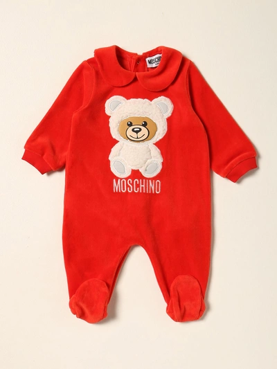 Shop Moschino Baby Footed Jumpsuit With Teddy Bear In Red