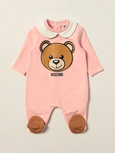 Shop Moschino Baby Footed Jumpsuit With Teddy In Pink