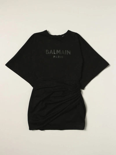 Shop Balmain Cotton Dress With Logo In Black