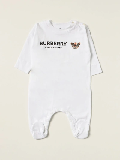 Shop Burberry Footed Jumpsuit With Thomas Bear In White
