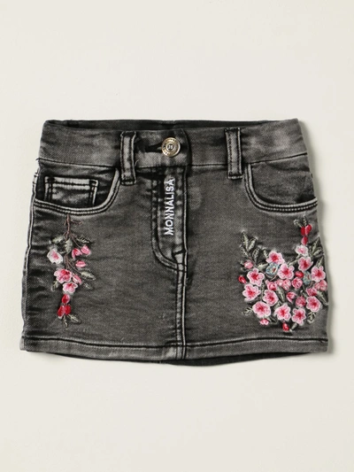 Shop Monnalisa Denim Skirt With Floral Embroidery In Black