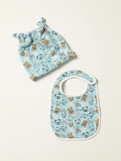 Shop Moschino Baby Beanie Hat + Bib Set In Gnawed Blue