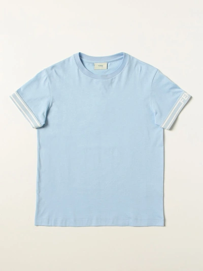 Shop Fendi Cotton Tshirt With Logo In Sky Blue