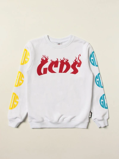 Shop Gcds Cotton Sweatshirt With Big Flame Logo In White