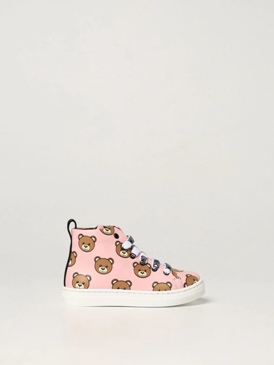 Shop Moschino Baby Trainers In Leather With Teddy In Pink