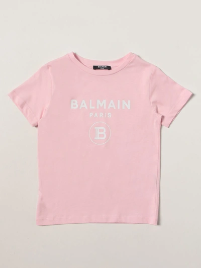 Shop Balmain Cotton Tshirt With Logo In Pink