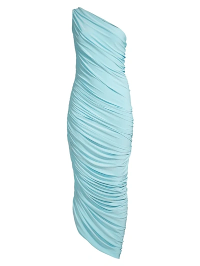 Shop Norma Kamali Diana Ruched One-shoulder Gown In Powder Blue