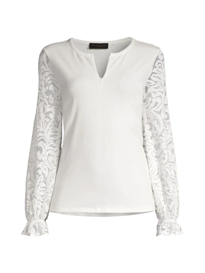 Shop Donna Karan Women's Lace Sleeve Zip-up Top In Ivory