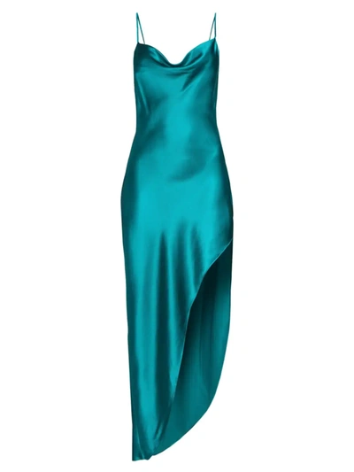 Shop Fleur Du Mal Cowl High Slit Silk Slip Dress In Aquamarine