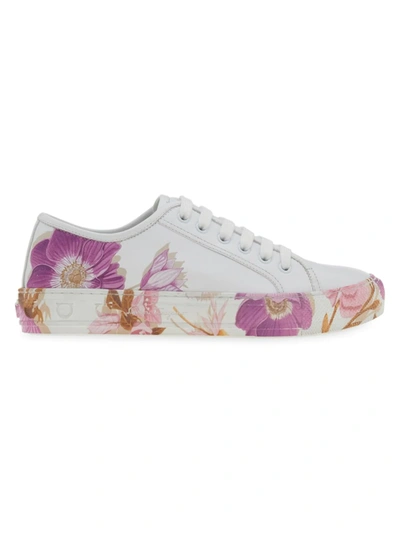 Shop Ferragamo Borg Floral-print Leather Sneakers In White