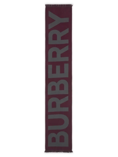 Shop Burberry Logo Wool Jacquard Scarf In Maroon Grey