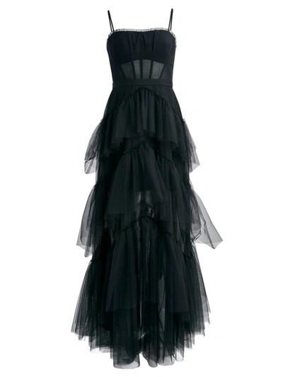 Shop Bcbgmaxazria Women's Sheer Tiered Ruffle Gown In Black