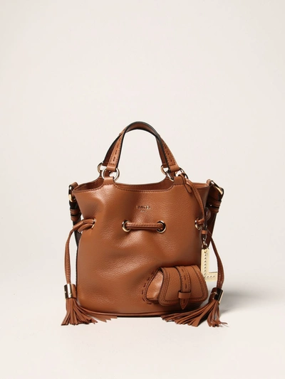 Shop Lancel Handbag  Bucket Bag In Grained Leather In Camel