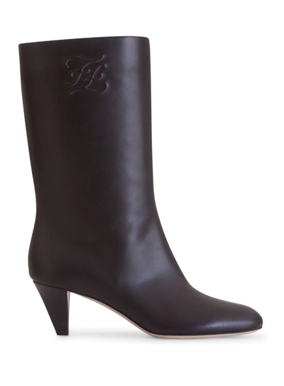 Shop Fendi Karligraphy Black Leather Boots With Medium Heel In Nero