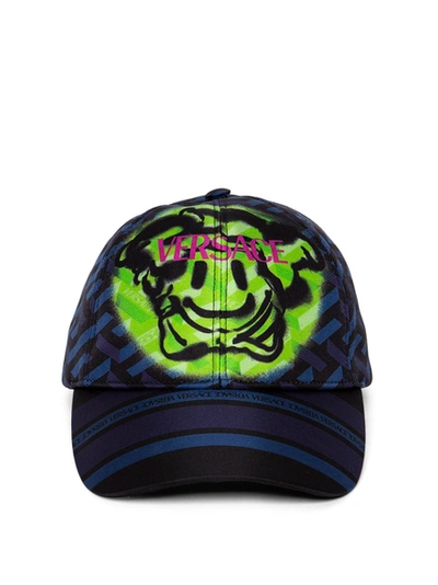 Shop Versace Smiley Face Medusa Logo Cap In Blue