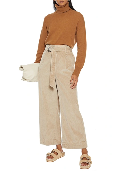 Shop Brunello Cucinelli Cropped Belted Cotton-corduroy Wide-leg Pants In Beige