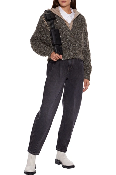 Shop Brunello Cucinelli Sequined Marled Open Cable-knit Cardigan In Taupe
