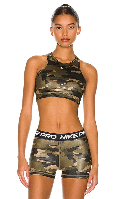 Nike Dri-fit Swoosh High Neck Camo Print Sports Bra In Green In Medium  Olive,black,white