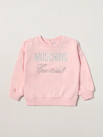 Shop Moschino Baby Cotton Sweatshirt With Rhinestone Logo In Pink