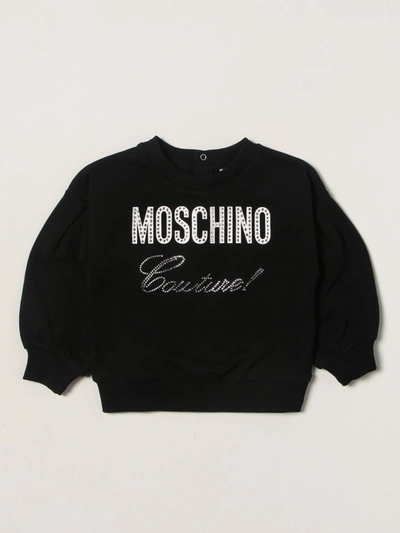 Shop Moschino Baby Cotton Sweatshirt With Rhinestone Logo In Black