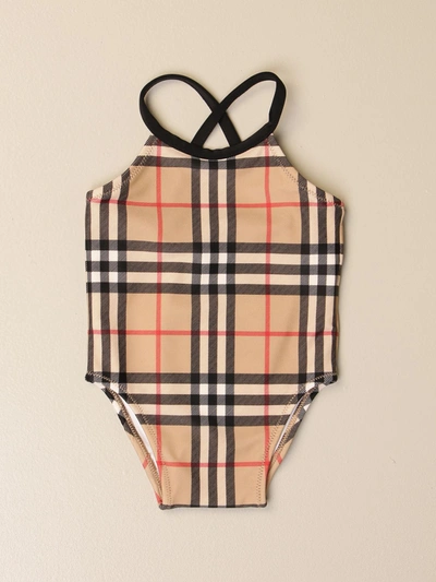 Shop Burberry Onepiece Swimsuit With Check Pattern In Beige