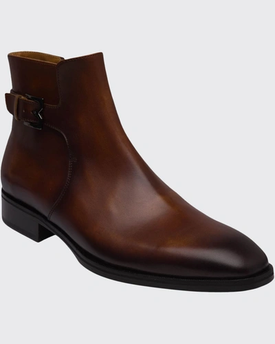 Shop Bruno Magli Men's Angiolini M-buckle Burnished Leather Ankle Boots In Cognac