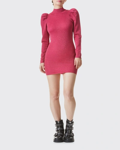 Shop Alice And Olivia Issa Turtleneck Puff-sleeve Dress In Wild Pink Metalli