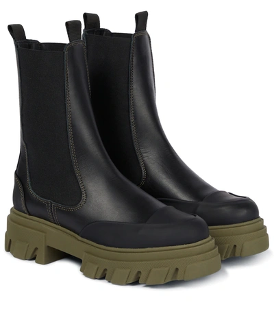 Shop Ganni Leather Chelsea Boots In Black/green