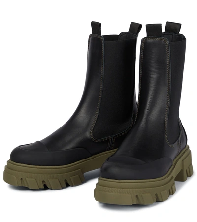 Shop Ganni Leather Chelsea Boots In Black/green